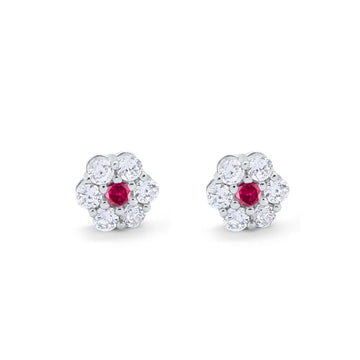 Cluster 7-Stone Round 8mm Simulated Ruby CZ 925 Sterling Silver Screwback Flower Stud Earring